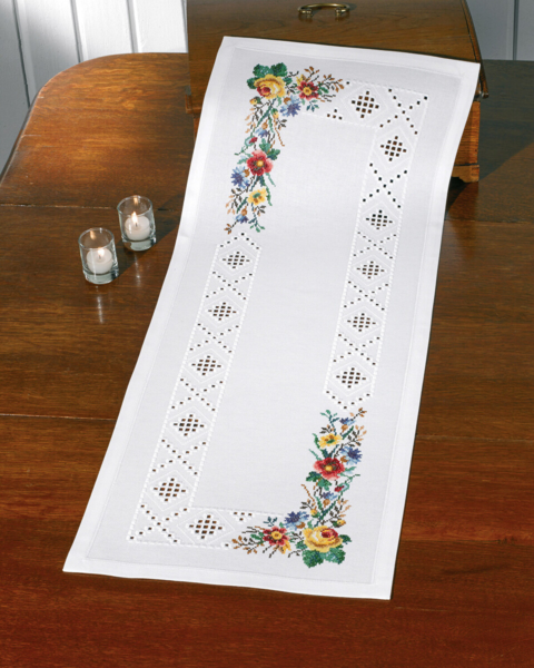 Broderisett Hardanger/blomster 39 x 102 cm