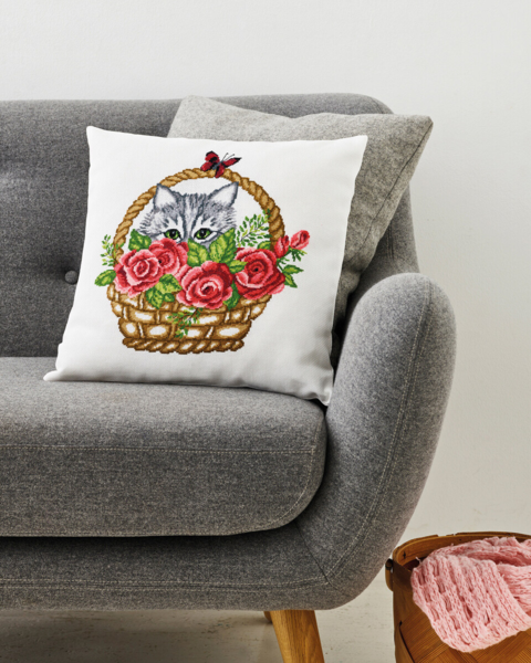 Broderisett Kurv & katt 39 x 39 cm