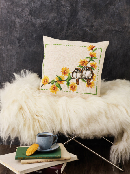 Broderisett Ranunkel & Gråspurver 40 x 40 cm