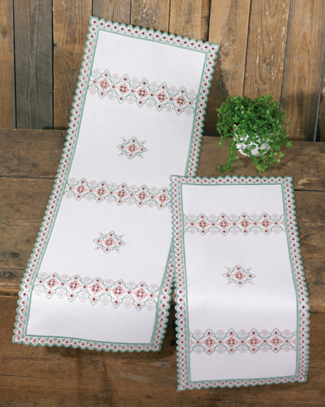 Broderisett Hardanger rosa/grønn 33 x 99 cm