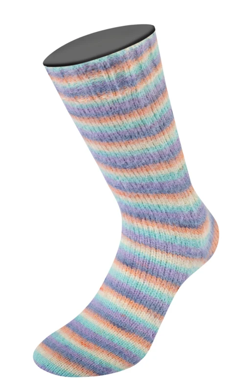 Lana Grossa Cosy Socks Multi Stripes 153 Lavendel/gråblå/laks/krem/turkis