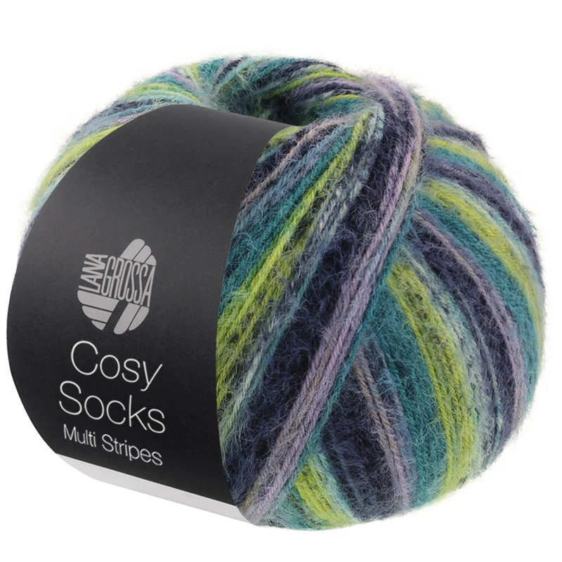 Lana Grossa Cosy Socks Multi Stripes 157 Lavendel/petrol/maigrønn/turkis/nattblå