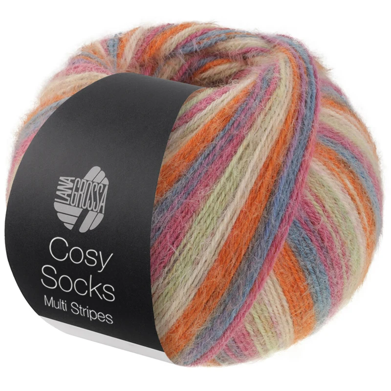 Lana Grossa Cosy Socks Multi Stripes 154 Mørkegrå/gråblå/fuchsia/lysegrønn/krem/oransje