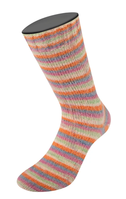 Lana Grossa Cosy Socks Multi Stripes 154 Mørkegrå/gråblå/fuchsia/lysegrønn/krem/oransje