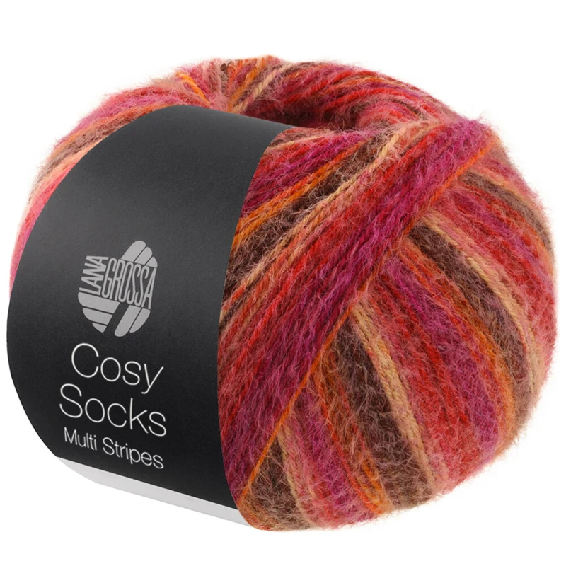 Lana Grossa Cosy Socks Multi Stripes 159 Rød/fuksia/oransje/mørkebrun/laks