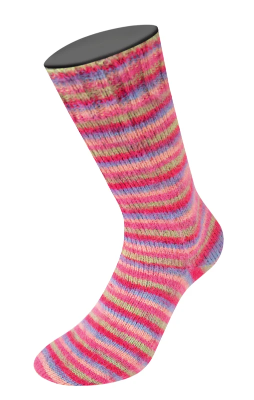 Lana Grossa Cosy Socks Multi Stripes 152 Tulipanrød/fiolblå/lakserosa/rosa/lysegrønn