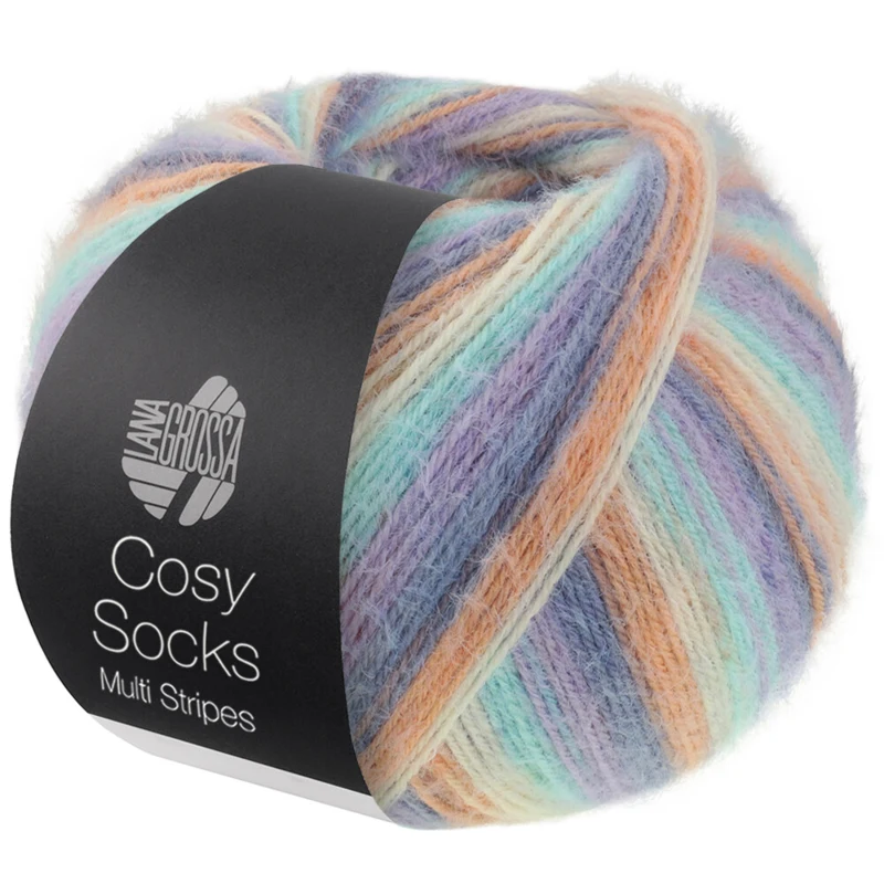 Lana Grossa Cosy Socks Multi Stripes 153 Lavendel/gråblå/laks/krem/turkis