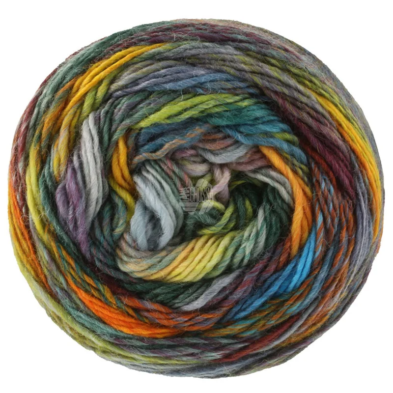 Lana Grossa Colorissimo 223 Burgunder/Grå/Gul/Oransje/Oliven/Mørk grønn/Lys grønn/Vinrød/Petrolblå/Jeansblå
