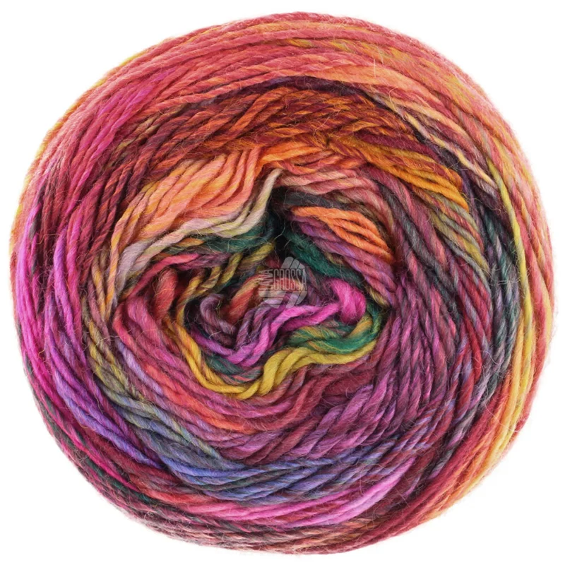 Lana Grossa Colorissimo 218 Rosa/Fuksia/Eggeplommegul/Grågul/Oransje/Rødbrun/Grønn grå/Svartrød