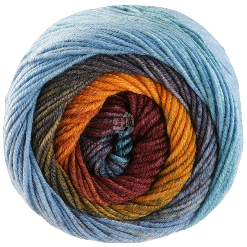 Lana Grossa Cool Wool Big Color 4034 Kanelbrun/gul/khaki/mørkegrå/lysegrå/pastellblå/mintturkis