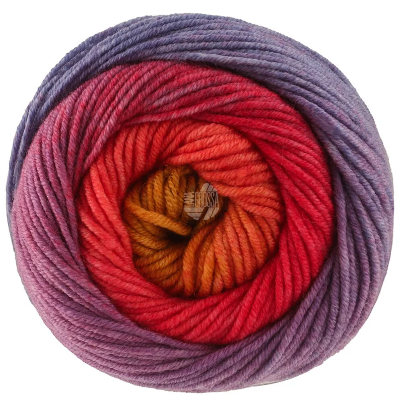 Lana Grossa Cool Wool Big Color 4048 Lys rød/vinrød/rødfiolett/petrolblå/oliven/karri/oransje