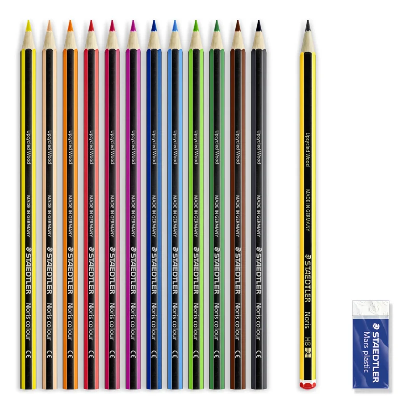 STAEDTLER Noris Club Fargeblyanter + Blyant & viskelær, 12 + 2 stk – Innhold