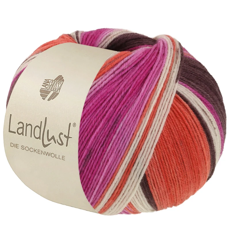 Lana Grossa Landlust Die Sockenwolle 135 Gråbrun/Fuksia/Ecru/Terrakotta/Orkidé stripet
