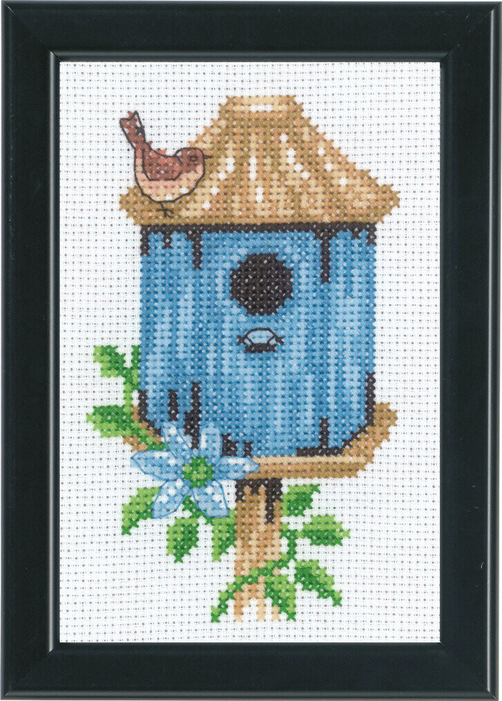 Broderisett Fuglehus Blått 9 x 14 cm
