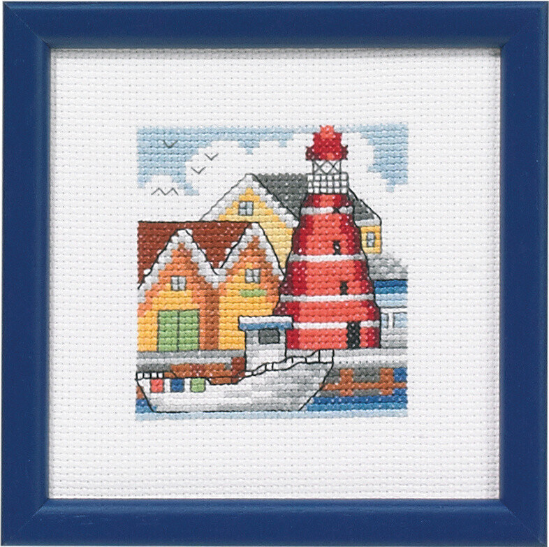 Broderisett Rød fyrtårn havnen 12 x 12 cm