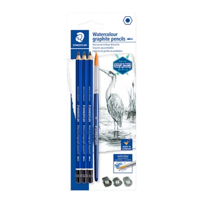 STAEDTLER mars lumograph akvarell grafitt blyanter & børste, 3 + 1 stk