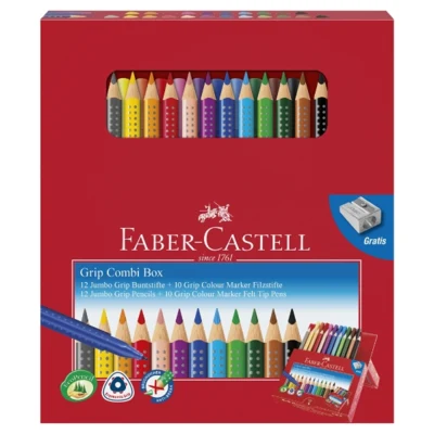 Faber-Castell Jumbo Grip kombiboks 12 blyanter + 10 tusjer